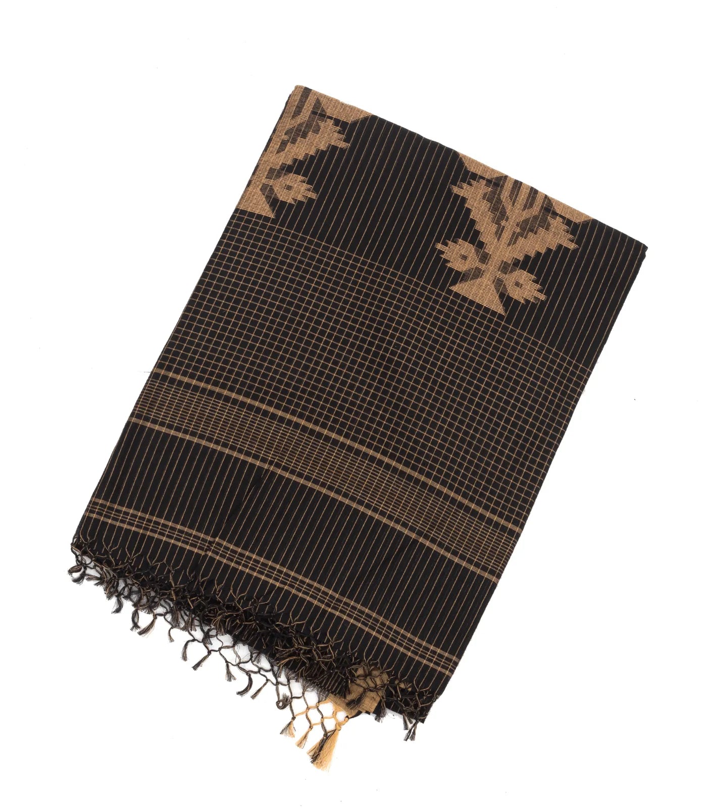 Black Handloom Bengal Cotton Saree With Stripes & Buttas