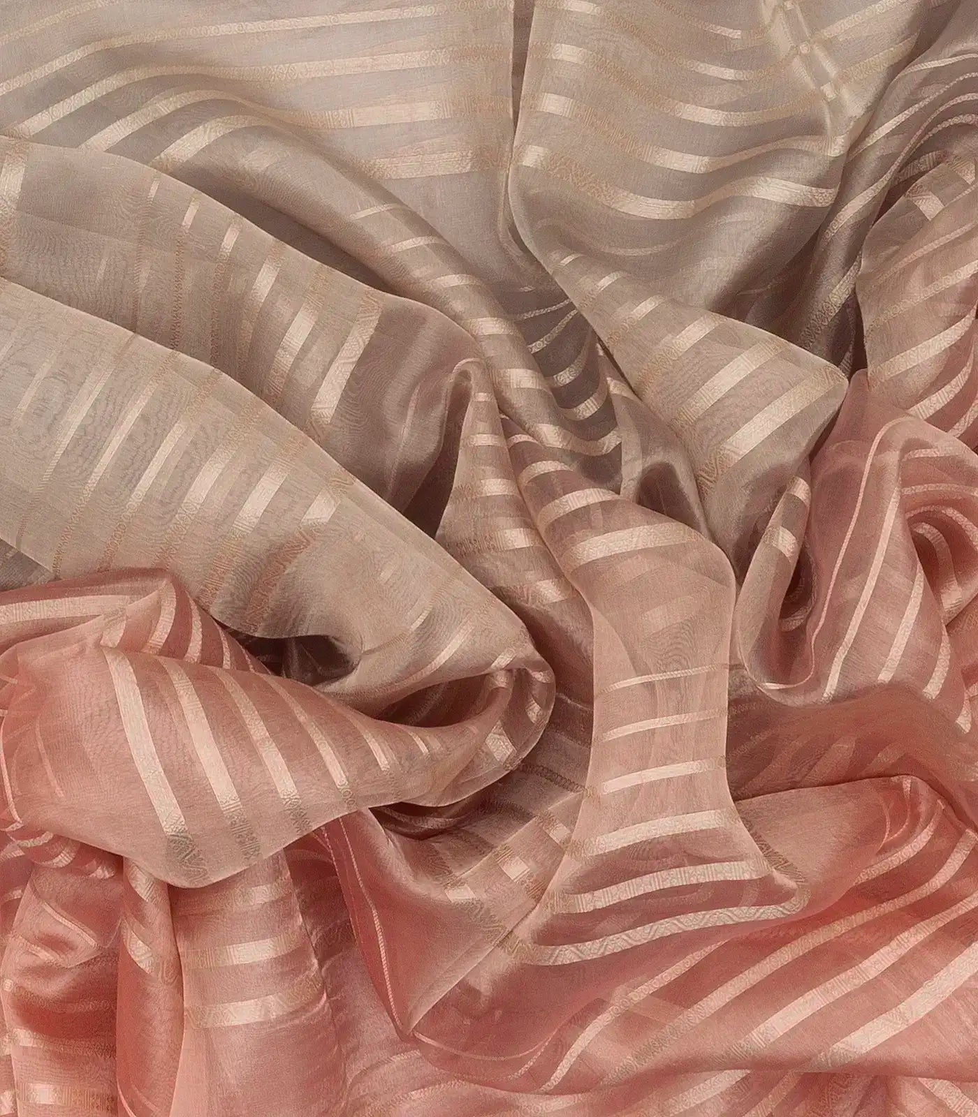 Peach & Taupe Woven Banarasi Tissue Silk Saree With Zari Stripes