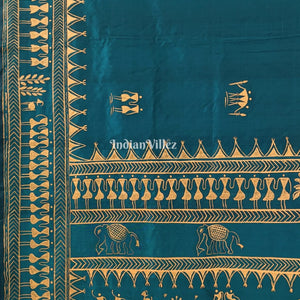 Pine Green Tribal Theme Hand-Painted Pattachitra Saree