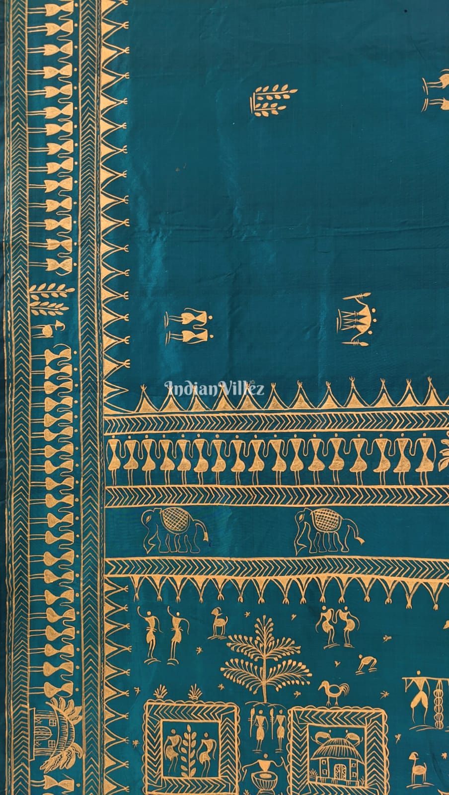 Pine Green Tribal Theme Hand-Painted Pattachitra Saree