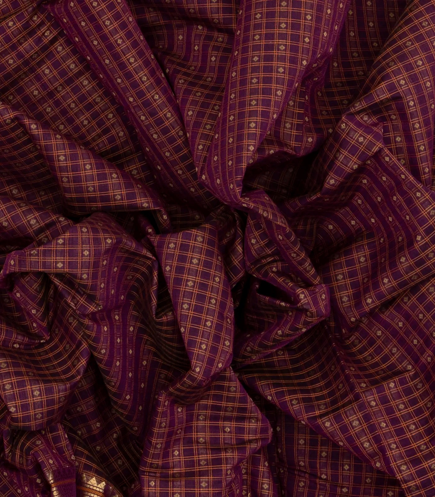 Magenta Handloom Kanchi Cotton Saree With Checks & Diamond Motifs