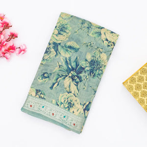 Steel Blue Handloom Tussar Silk Saree Printed With Floral Motifs & Zari Border