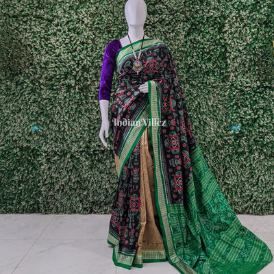 Black Green Kumbha Design With Patli Exclusive Sambalpuri Ikat Silk Saree