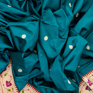 Cyan Handloom Banarasi Silk Saree With Coin Buttas & Red Border