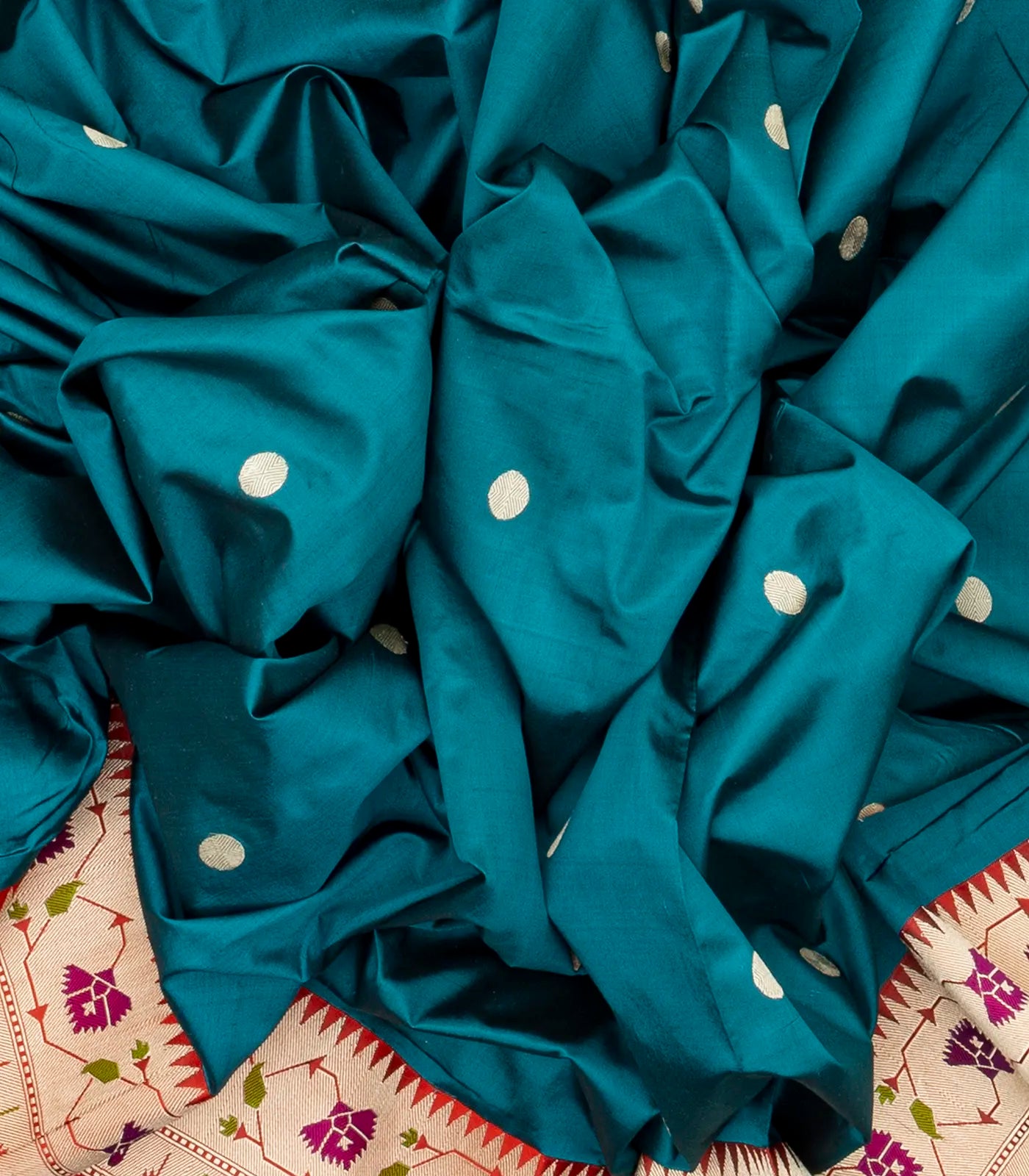 Cyan Handloom Banarasi Silk Saree With Coin Buttas & Red Border