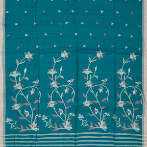 Cyan Handloom Bengal Cotton Saree With Temple Motifs