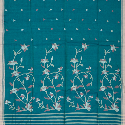 Cyan Handloom Bengal Cotton Saree With Temple Motifs