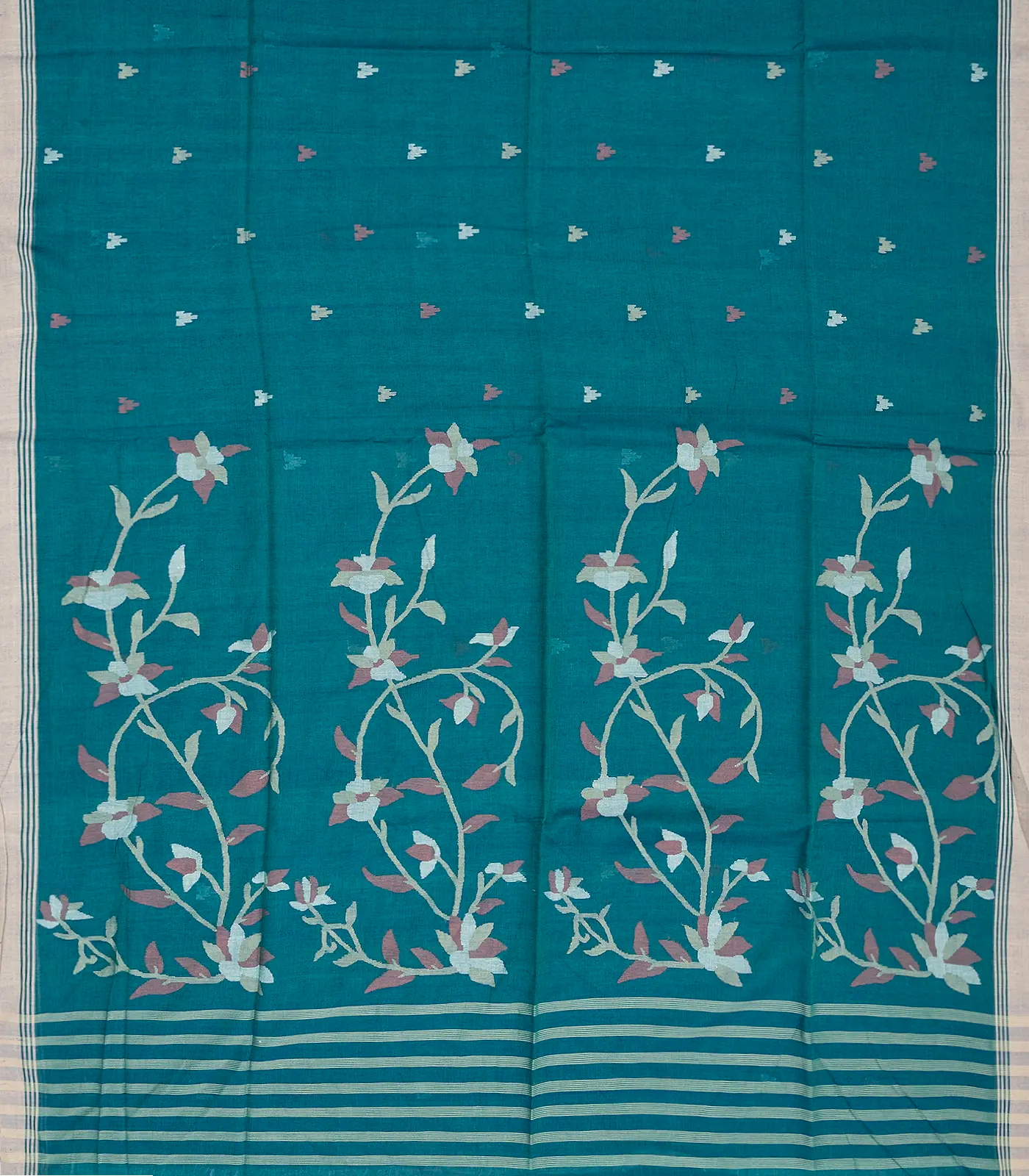 Cyan Handloom Bengal Cotton Saree With Temple Motifs