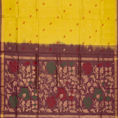 Lemon Yellow Handloom Uppada Silk Saree With Floral Buttas & Maroon Pallu