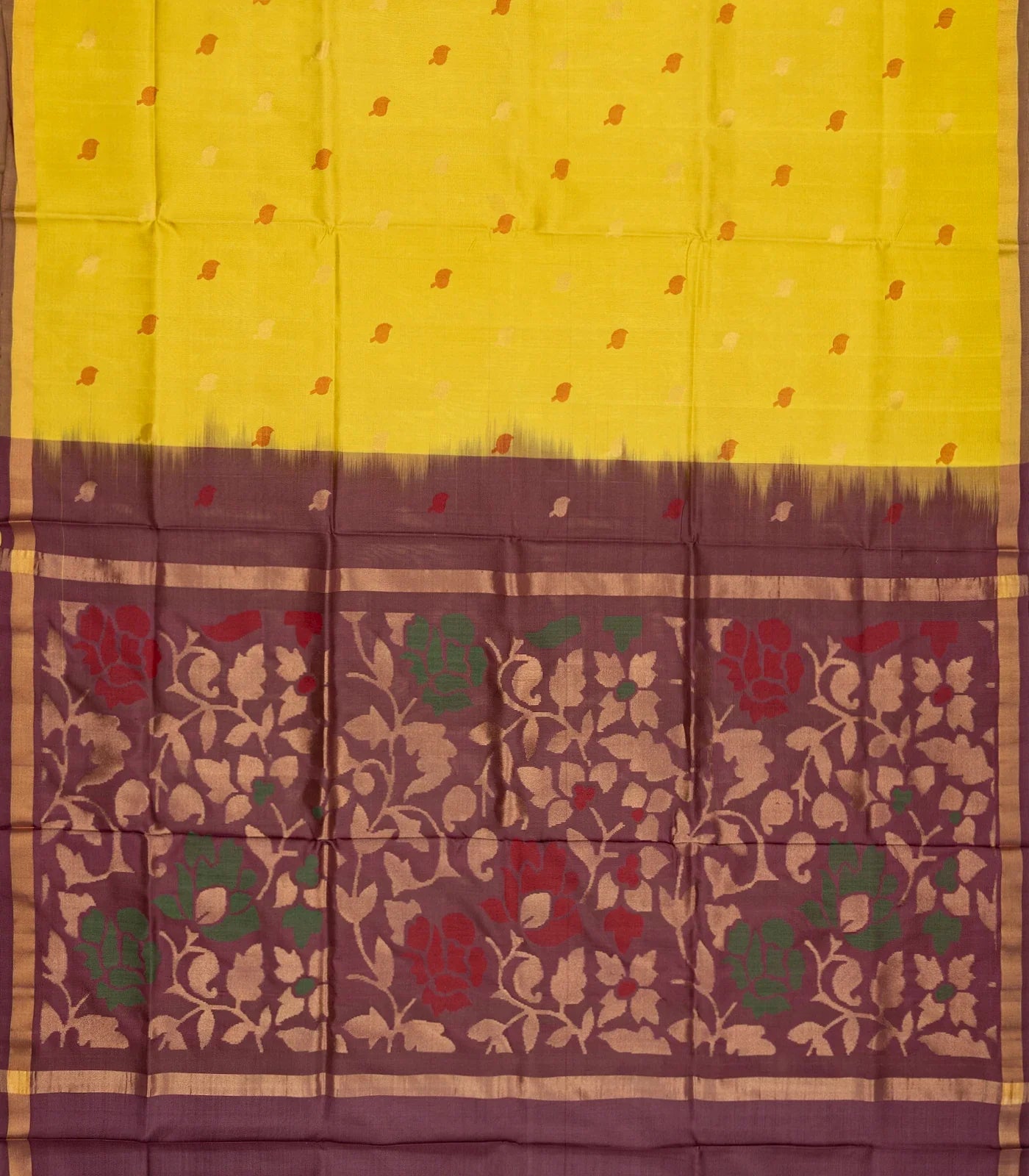 Lemon Yellow Handloom Uppada Silk Saree With Floral Buttas & Maroon Pallu