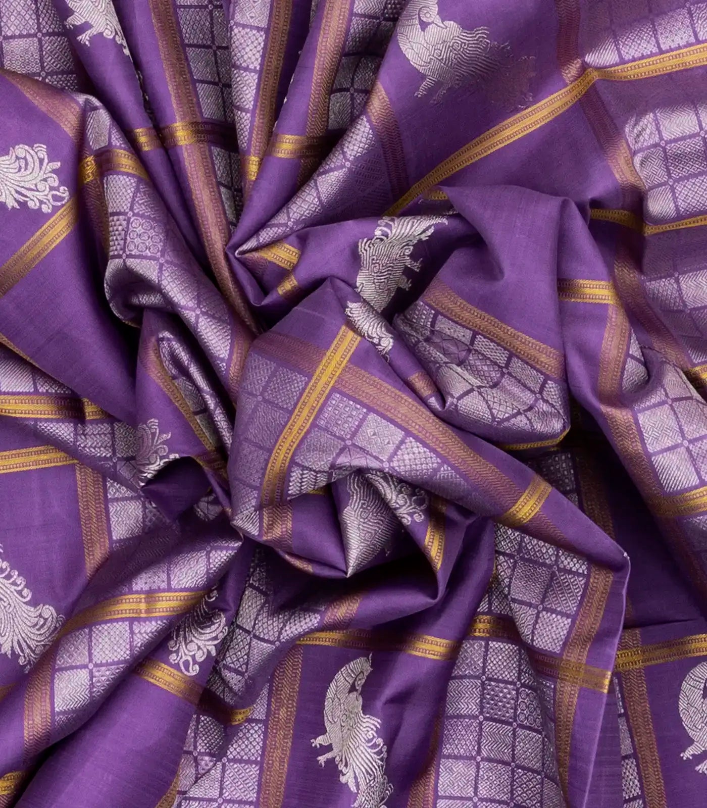 Lavender Handloom Kanchipuram Silk Saree With Checks