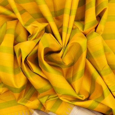 Mustard & Green Handloom Kanchipuram Korvai Silk Saree With Stripes