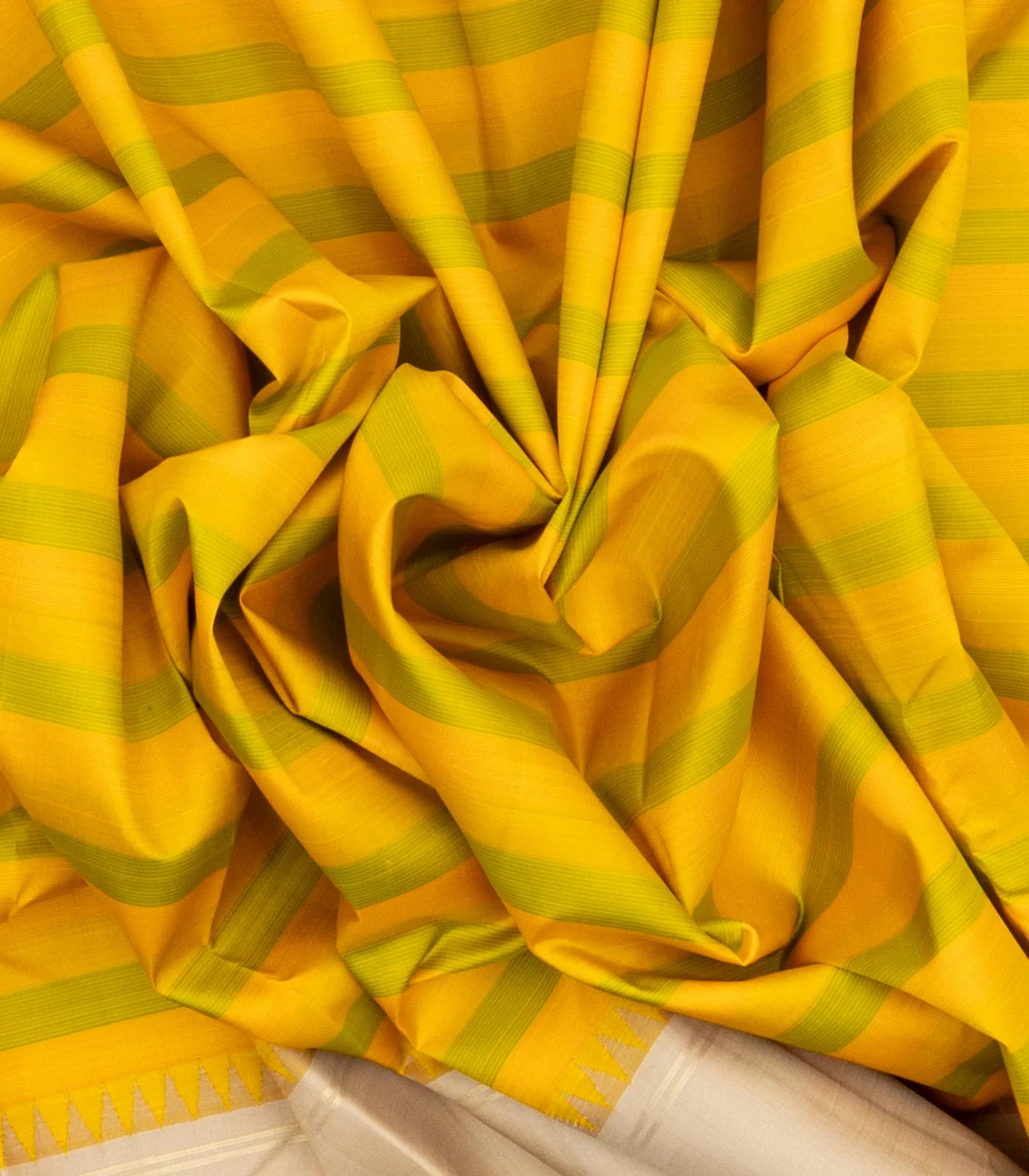 Mustard & Green Handloom Kanchipuram Korvai Silk Saree With Stripes