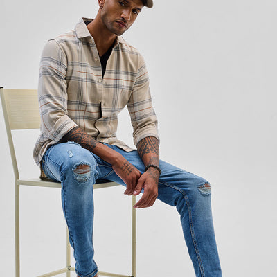Beige Checks Slim Fit Shirt