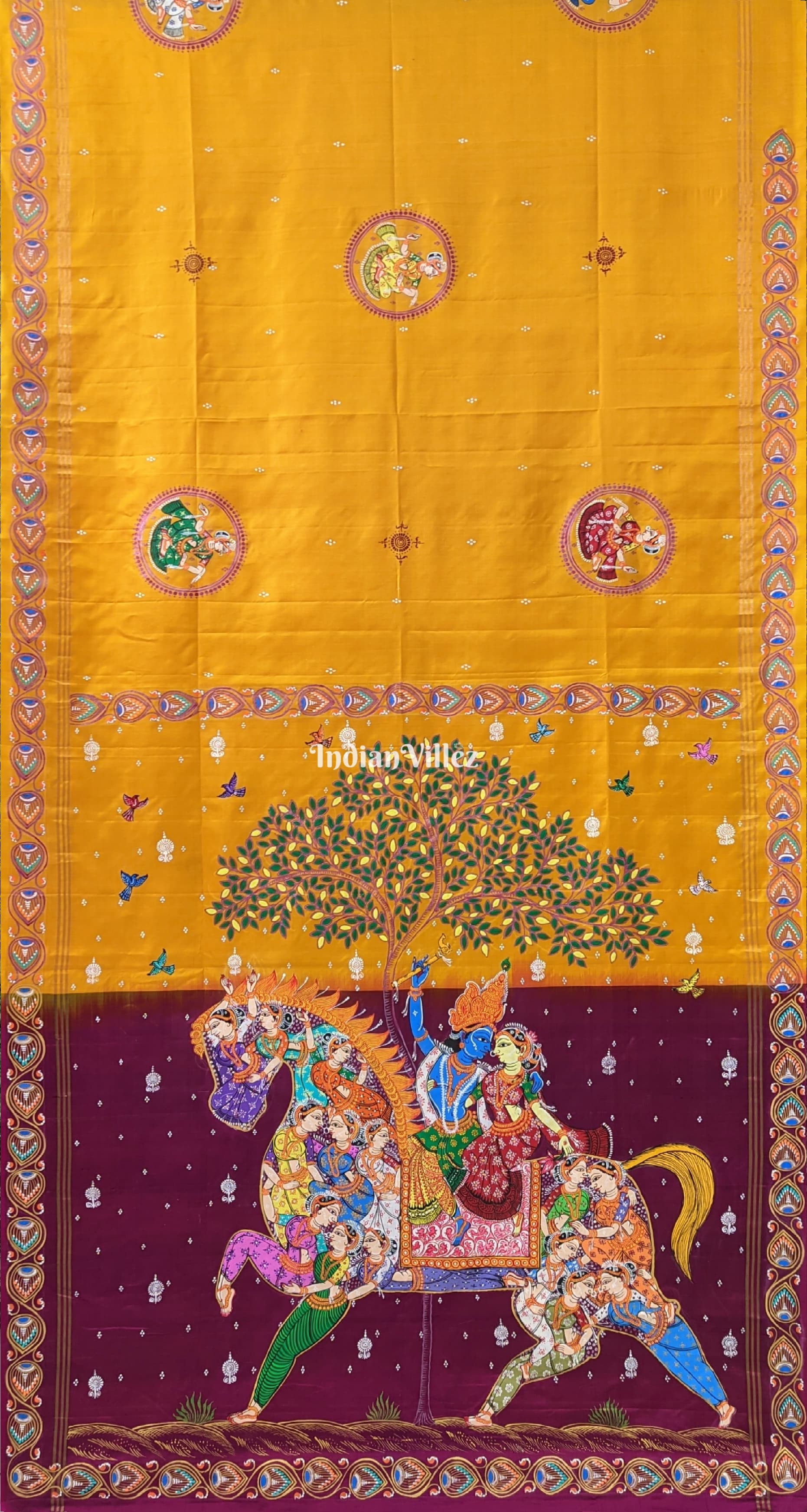Yellow Kandarpa Ashwa (Horse) Pattachitra Saree