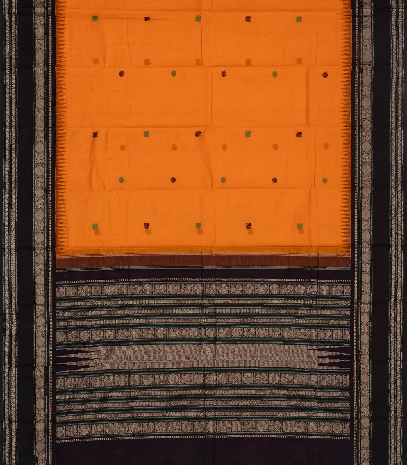 Mustard Handloom Korvai Kanchi Cotton Saree With Annam Buttas