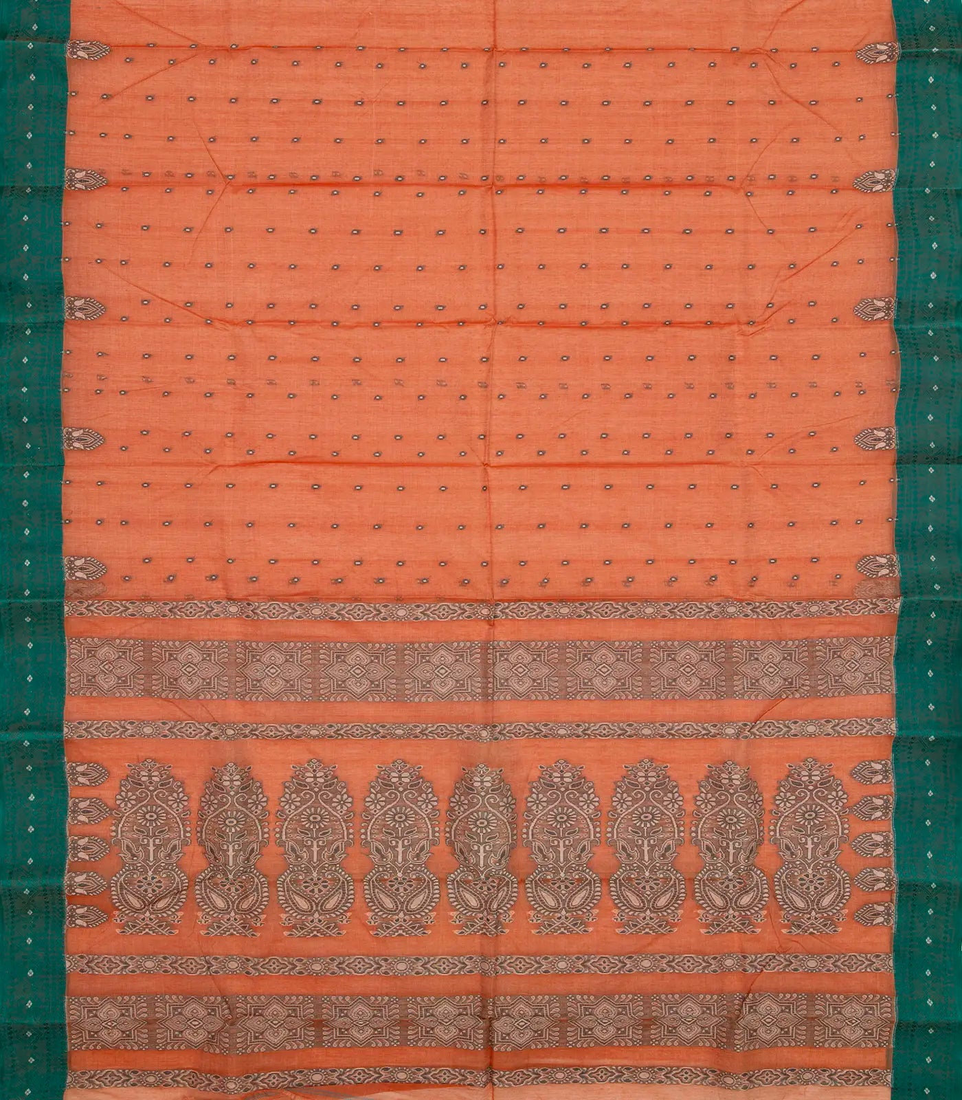 Peach Handloom Bengal Cotton Saree With Diamond Motifs