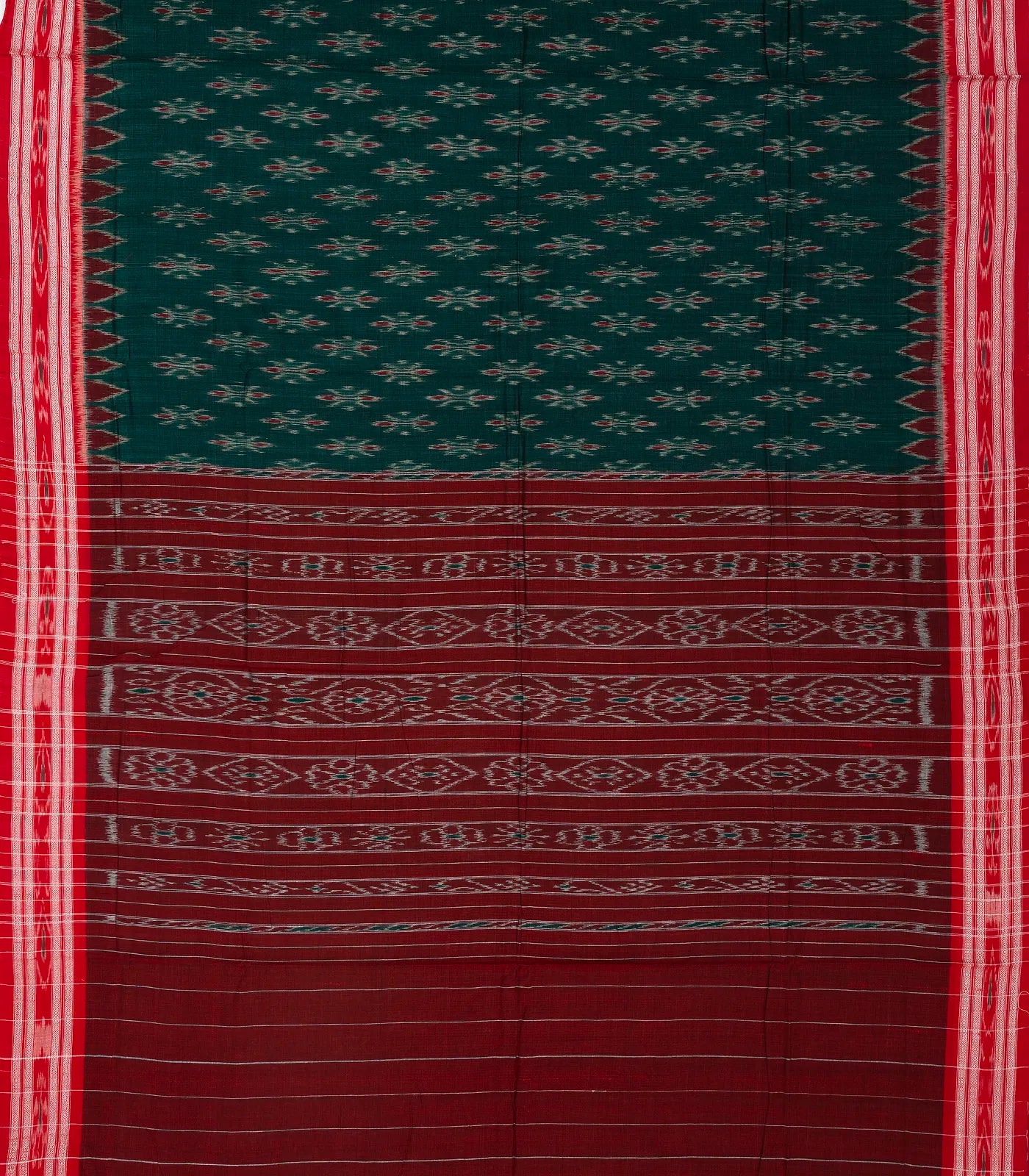 Sea Green Handwoven Orissa Cotton Saree With Tie & Dye Floral Motifs & Contrast Border