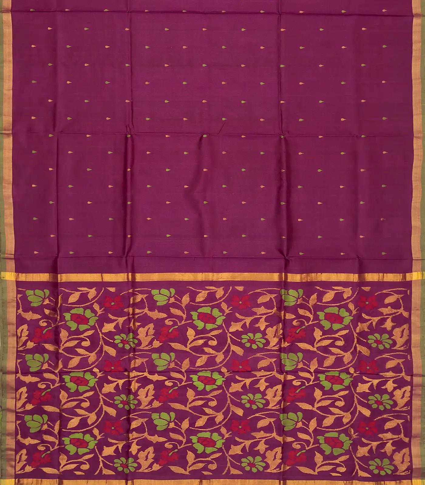Magenta Handloom Uppada Silk Saree With Floral Buttas & Zari Border