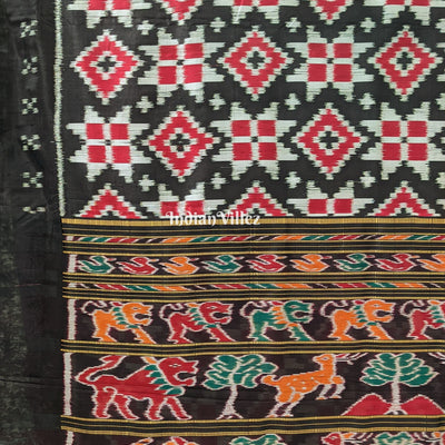 Black Red Pasapali Odisha Ikat Contemporary Silk Saree with Animal Anchal