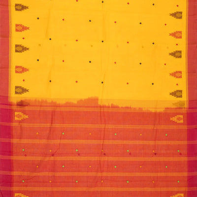 Yellow Handloom Rasipuram Cotton Saree With Diamond & Temple Motifs