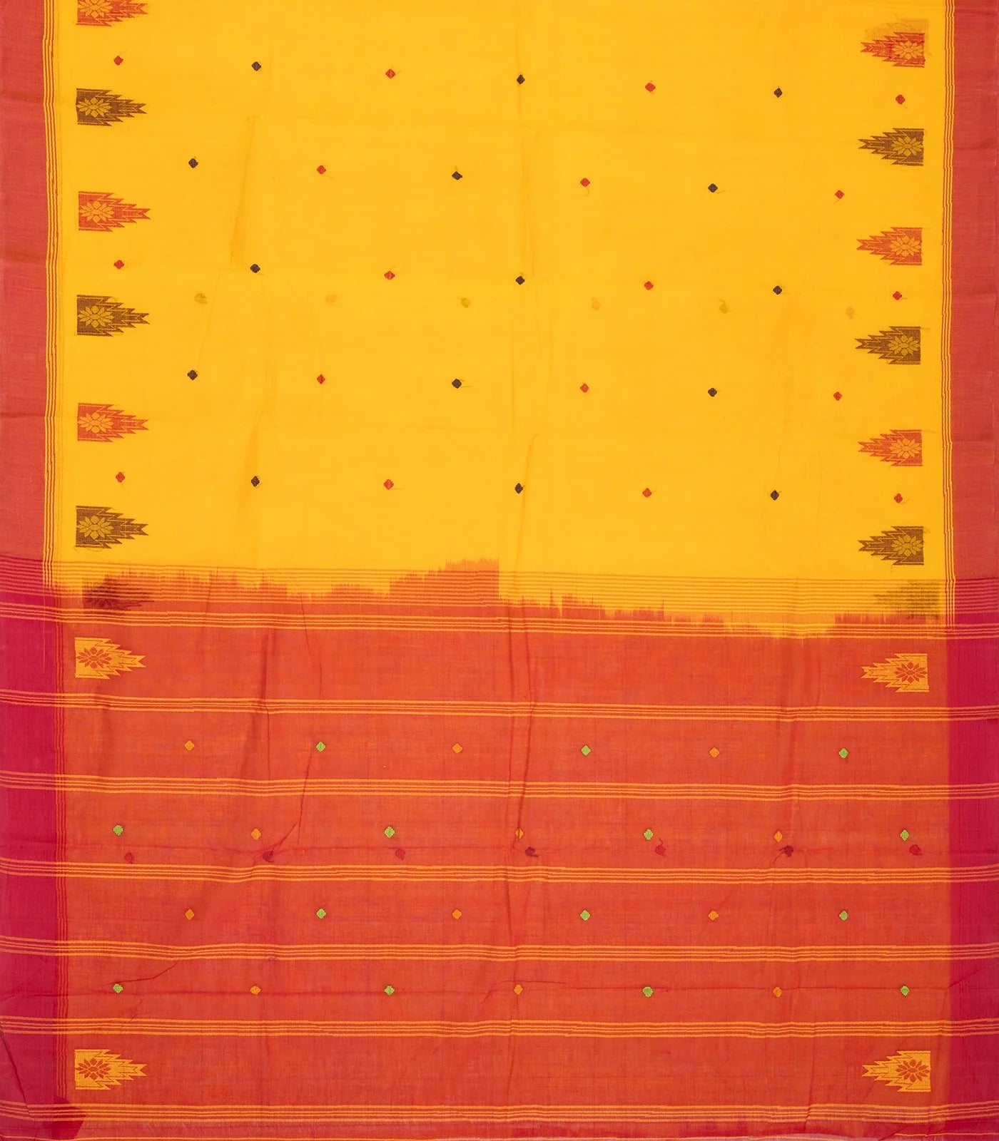 Yellow Handloom Rasipuram Cotton Saree With Diamond & Temple Motifs