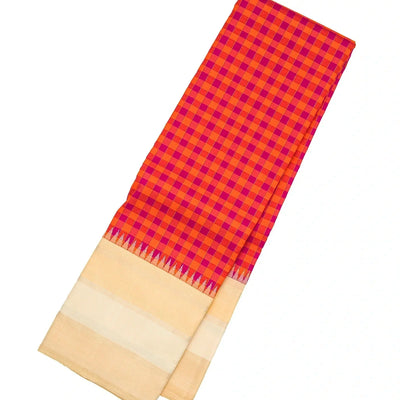 Pink & Orange Handloom Kanchipuram Korvai Silk Saree With Checks