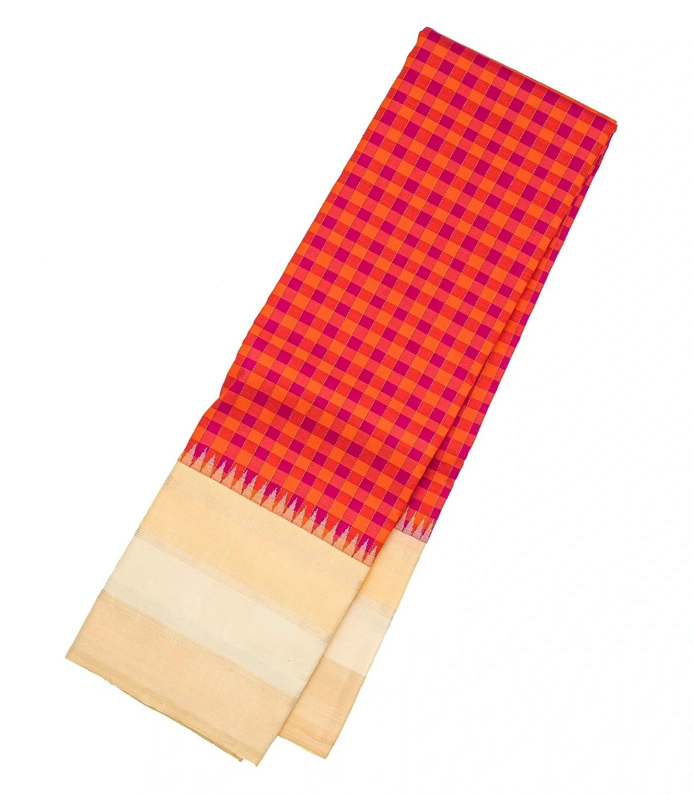 Pink & Orange Handloom Kanchipuram Korvai Silk Saree With Checks