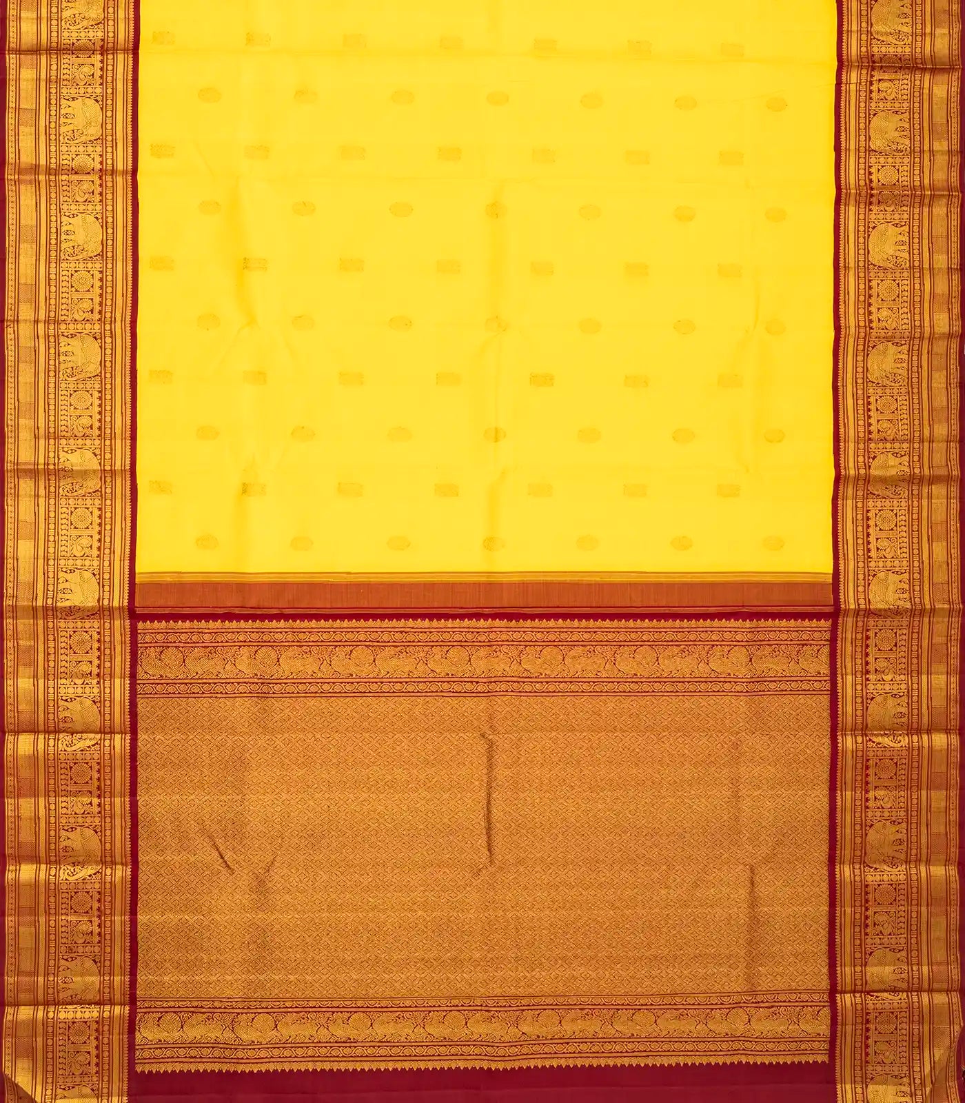 Yellow Handloom Kanchipuram Korvai Silk Saree With Annam Buttas