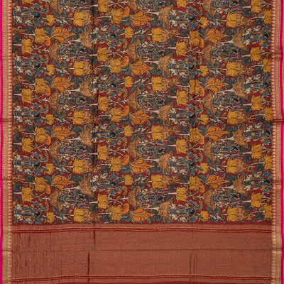 Red Handloom Tussar Silk Saree Printed & Embroidered Motifs