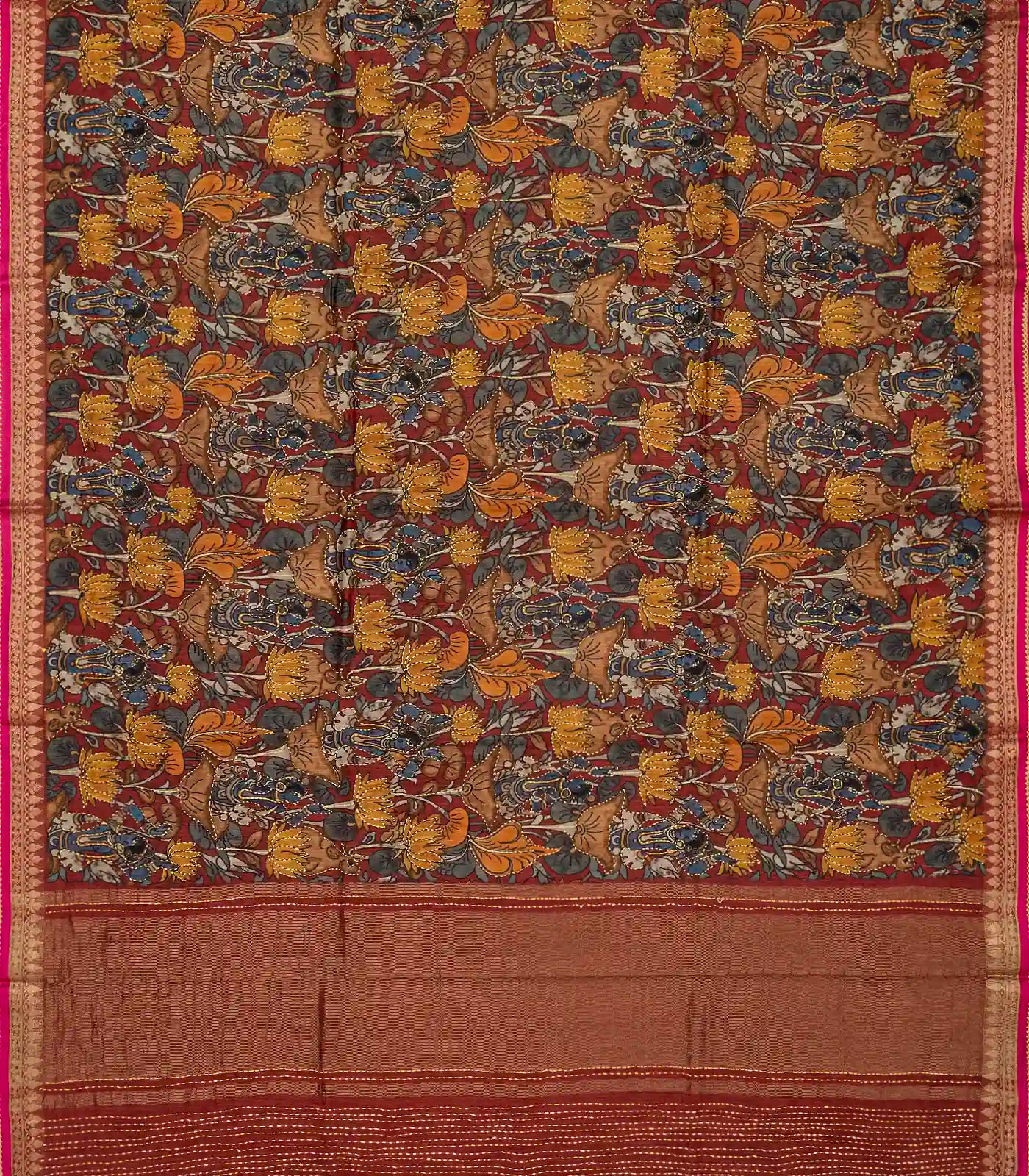 Red Handloom Tussar Silk Saree Printed & Embroidered Motifs