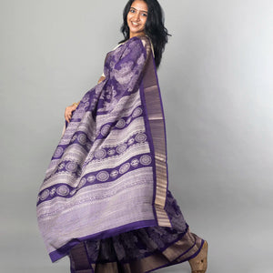 Violet Woven Dola Synthetic Saree Printed With Abstract Motifs