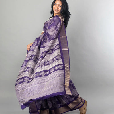 Violet Woven Dola Synthetic Saree Printed With Abstract Motifs