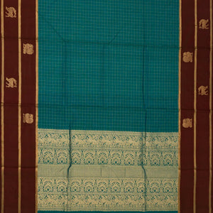 Cyan Handloom Silk Cotton Saree With Checks & Maroon Border