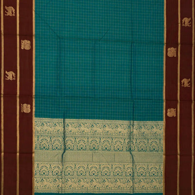 Cyan Handloom Silk Cotton Saree With Checks & Maroon Border