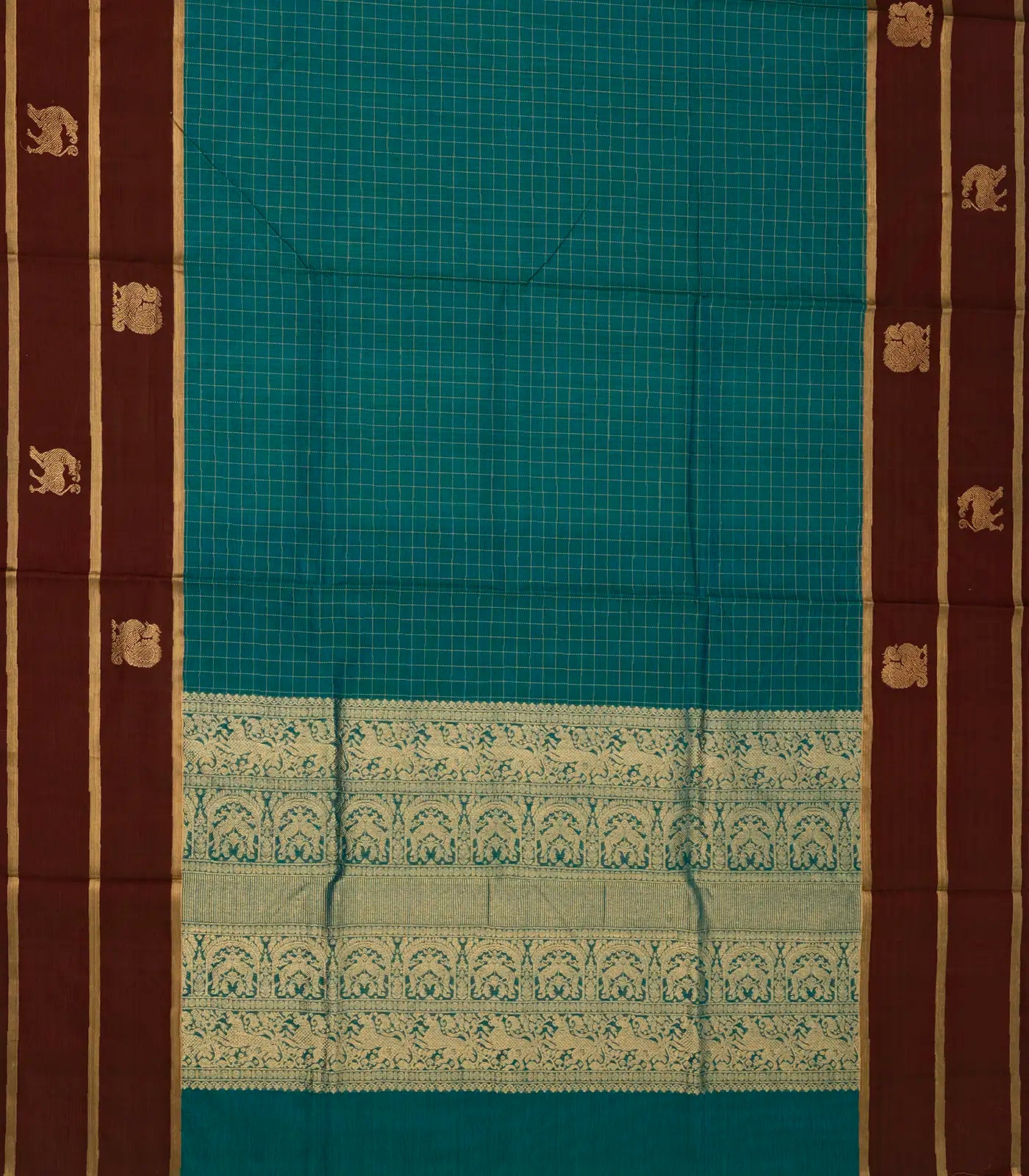 Cyan Handloom Silk Cotton Saree With Checks & Maroon Border