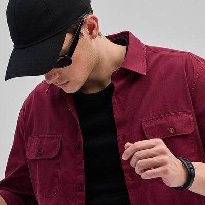 Maroon Solid Double Pocket Overshirt