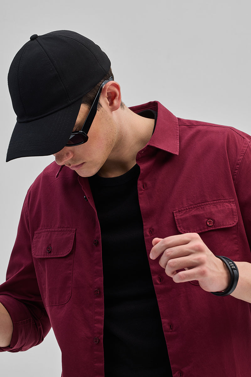 Maroon Solid Double Pocket Overshirt
