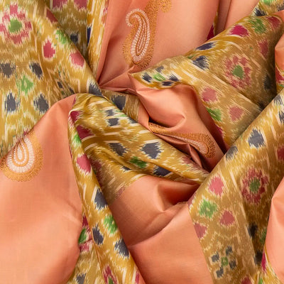 Peach Handloom Kanchipuram Silk Saree With Ikat Floral Motifs