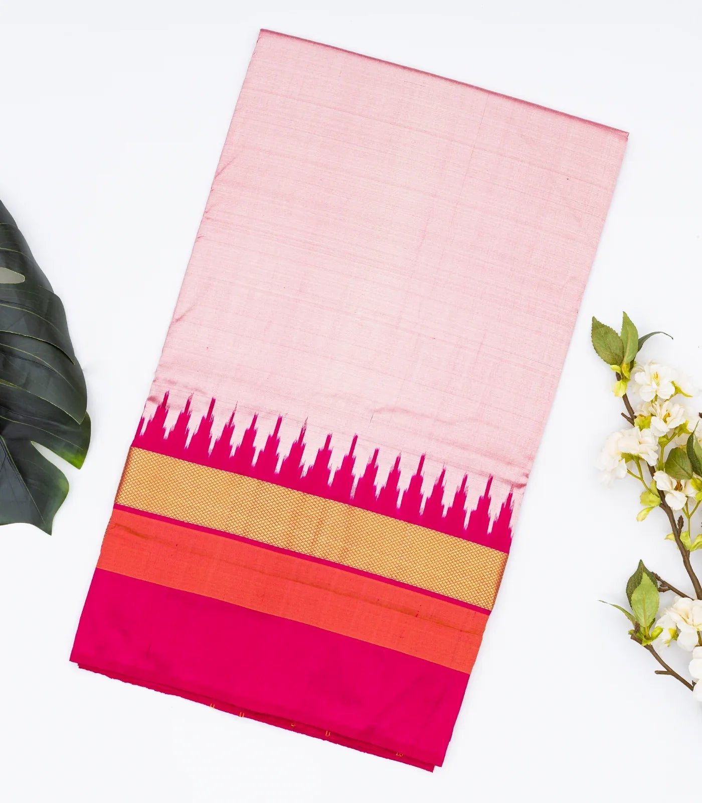 Dusty Pink Handloom Ikat Silk Saree With Contrast Pink Border