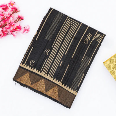 Black Handloom Tussar Silk Saree Printed With Stripe Motifs & Zari Border