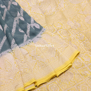Darkslate Gray Lemon Yellow Banarasi Khaddi Georgette Saree
