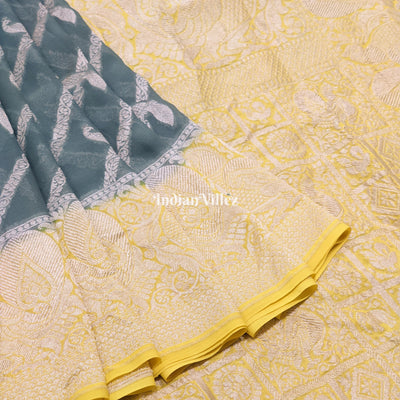 Darkslate Gray Lemon Yellow Banarasi Khaddi Georgette Saree