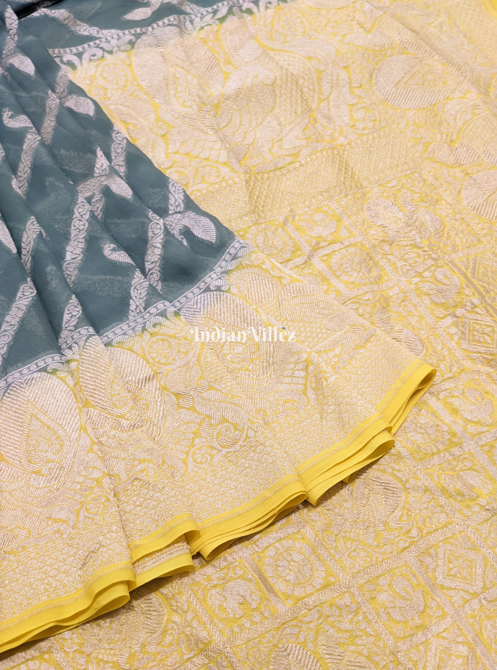 Darkslate Gray Lemon Yellow Banarasi Khaddi Georgette Saree