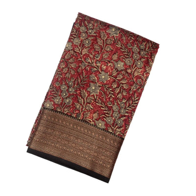 Red Woven Chanderi Printed Cotton Saree With Contrast Border