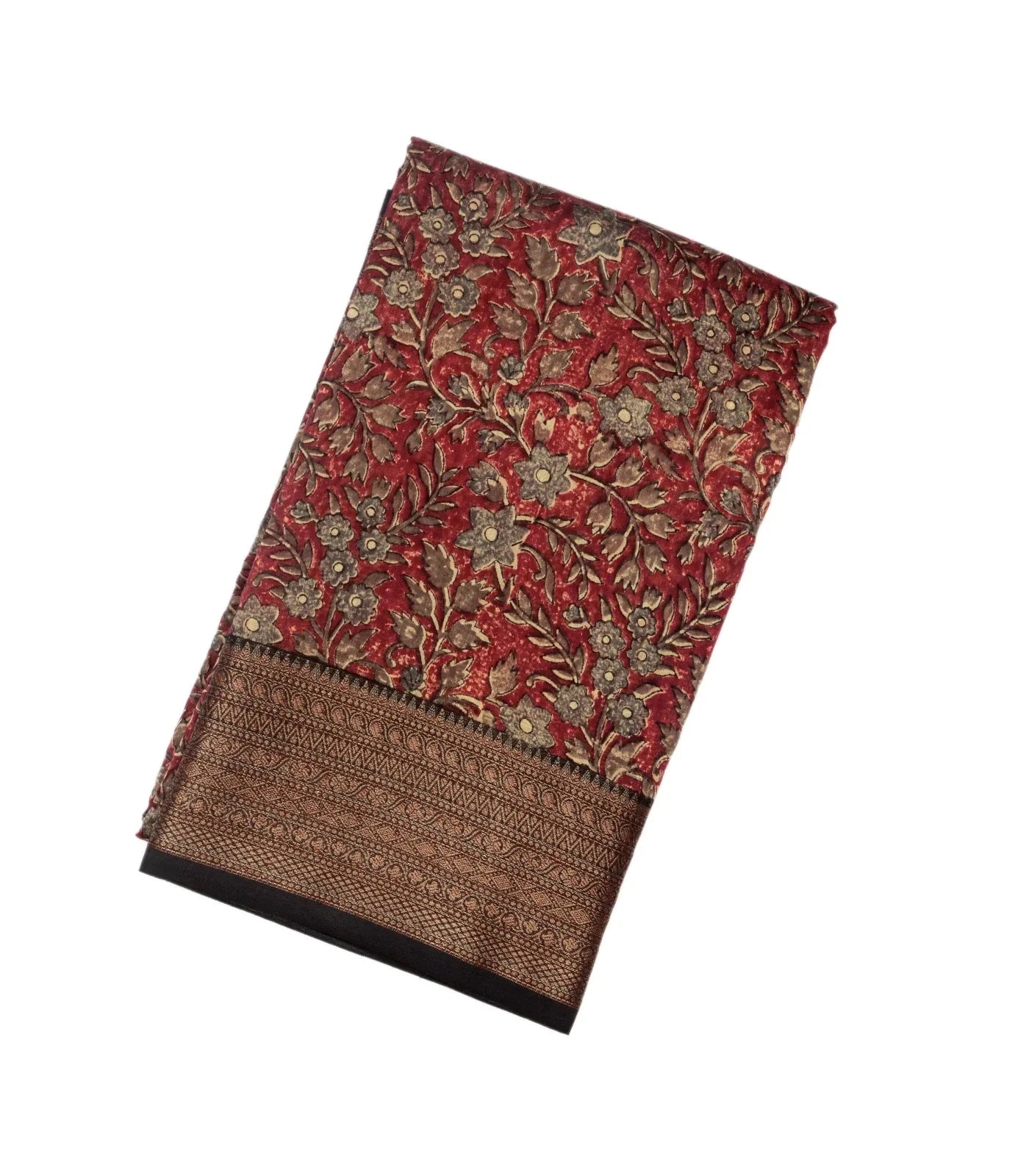 Red Woven Chanderi Printed Cotton Saree With Contrast Border