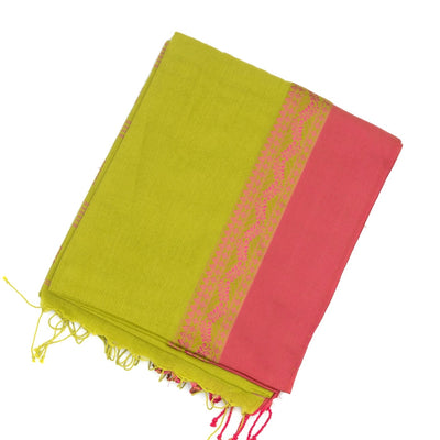 Green Handloom Plain Bengal Cotton Saree With Pink Border