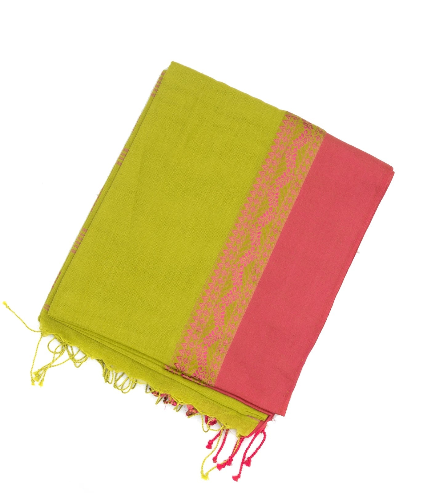 Green Handloom Plain Bengal Cotton Saree With Pink Border