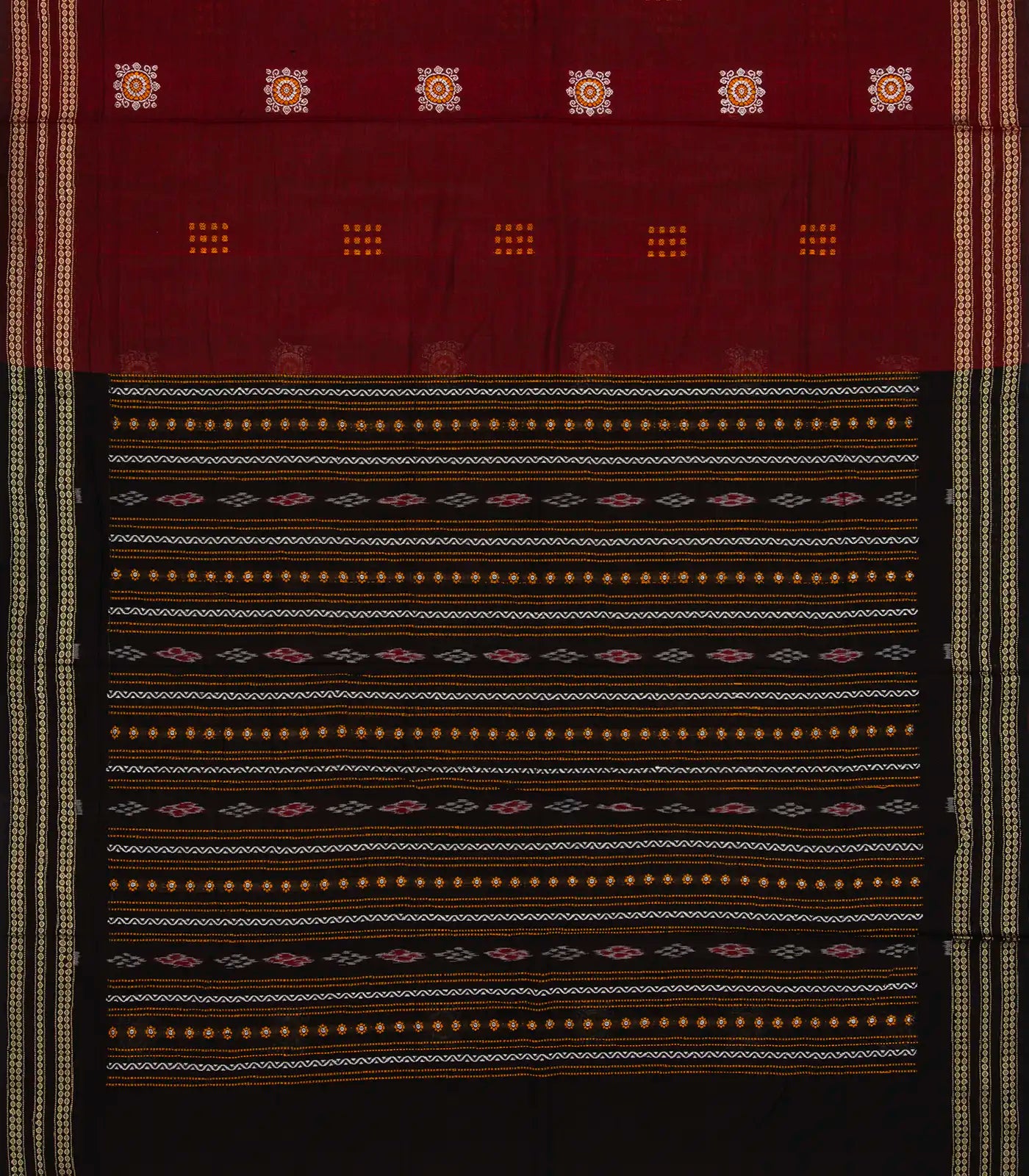 Maroon Handloom Orissa Cotton Saree With Tie & Dye Black Pallu