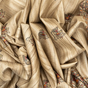 Taupe Handloom Tussar Silk Saree With Printed Red Floral Motifs